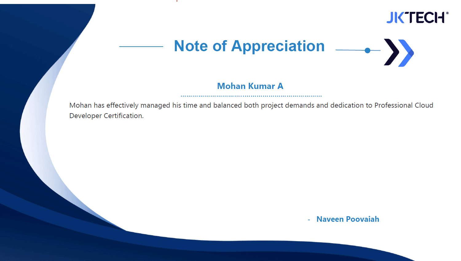 Note of Appreciation — JK Tech